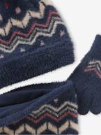 Conjunto gorro + gola snood + luvas, em malha jacquard, para menina azul-noite 