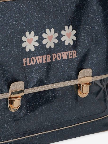 Mochila tipo pasta com purpurinas 'Flower power' e estojo, para menina azul-noite 