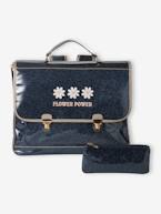 Mochila tipo pasta com purpurinas 'Flower power' e estojo, para menina azul-noite 