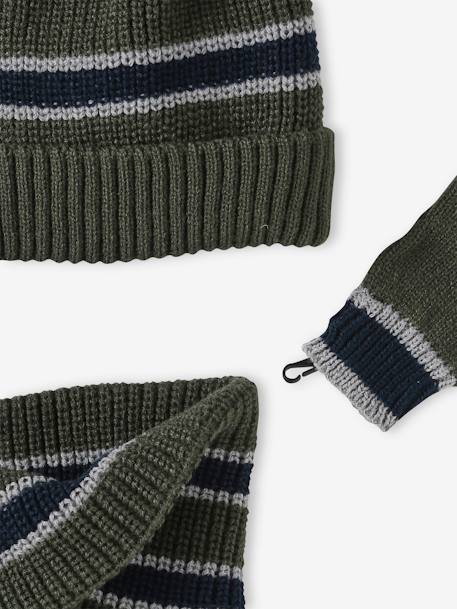 Conjunto gorro + gola snood + luvas em malha canelada, para menino caqui 