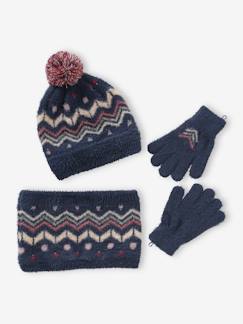 Menina 2-14 anos-Acessórios-Conjunto gorro + gola snood + luvas, em malha jacquard, para menina