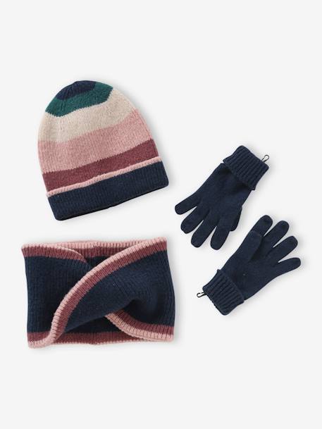 Conjunto colorblock, gorro + gola snood + luvas ou luvas de polegar, para menina marinho 