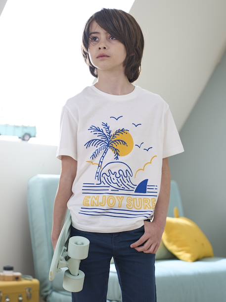 T-shirt com paisagem e detalhes em relevo, para menino azul-ganga+cru 