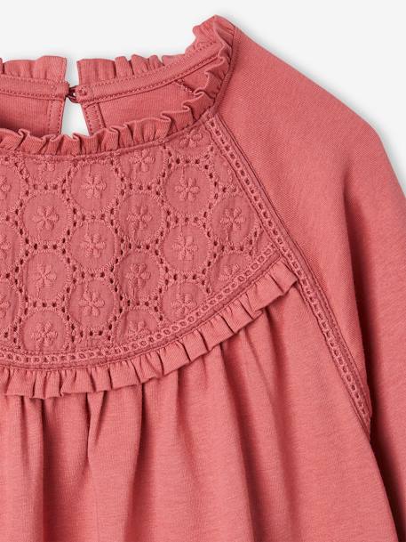 Camisola com detalhe em bordado inglês, para menina cru+rosa-velho+VERDE ESCURO LISO 