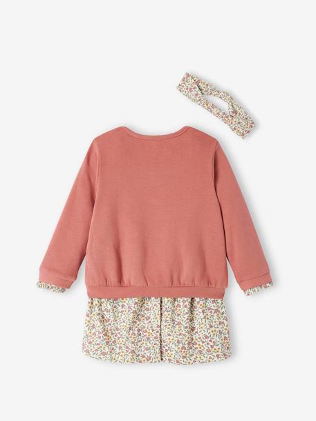 Conjunto de 3 peças, vestido + casaco + fita para o cabelo, para bebé menina BRANCO CLARO ESTAMPADO+rosa-velho 