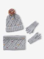 Conjunto gorro + gola snood + luvas ou luvas de polegar, com pompons, para menina cinza mesclado 