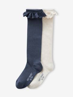 Menina 2-14 anos-Roupa interior-Lote de 2 pares de meias altas, em malha ajurada e renda, para menina