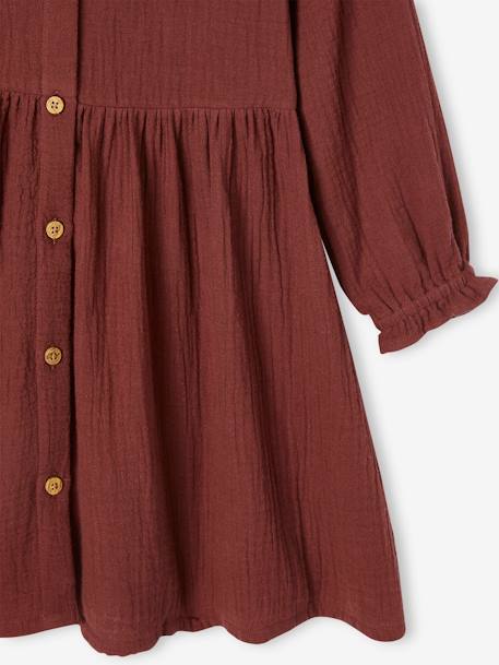 Vestido com botões, em gaze de algodão, para menina bege-rosado+chocolate 