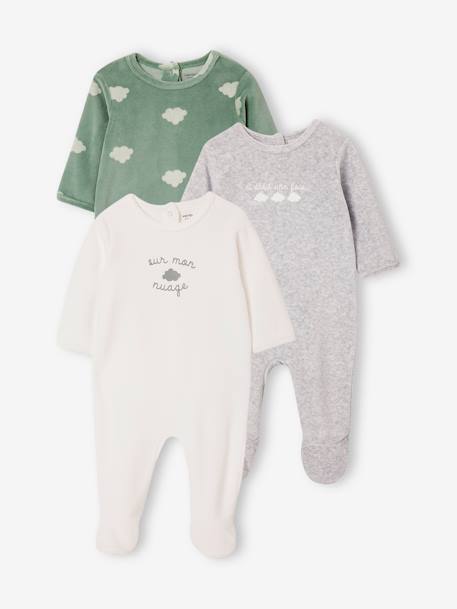 Lote de 3 pijamas em veludo, para bebé, BASICS rosa-pálido+verde-acinzentado 