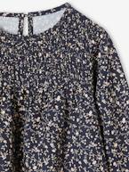 Vestido aos favos, estampado às flores, mangas compridas, para menina cru+marinho 