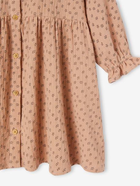 Vestido com botões, em gaze de algodão, para menina bege-rosado+chocolate 