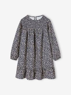 -Vestido aos favos, estampado às flores, mangas compridas, para menina