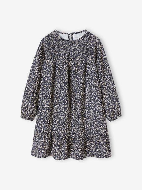 Vestido aos favos, estampado às flores, mangas compridas, para menina marinho 