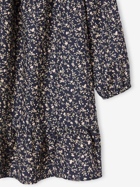 Vestido aos favos, estampado às flores, mangas compridas, para menina marinho+mostarda 