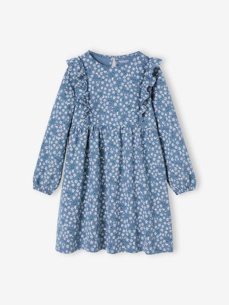 Vestido estampado às flores, folhos nas mangas, para menina azul-acinzentado 