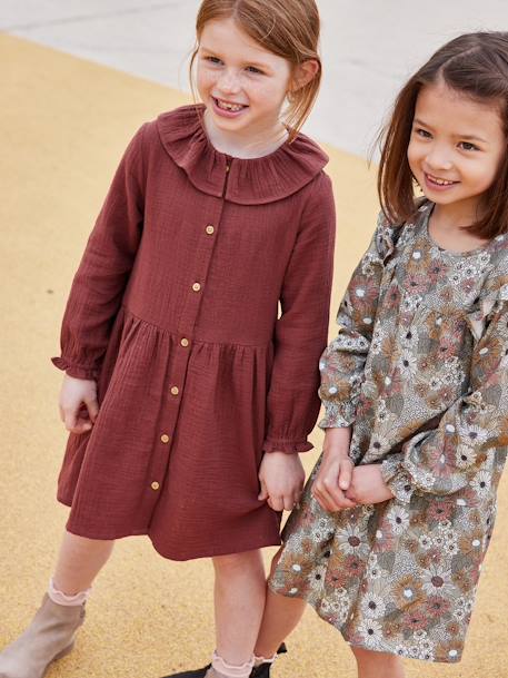 Vestido com botões, em gaze de algodão, para menina bege-rosado+chocolate 