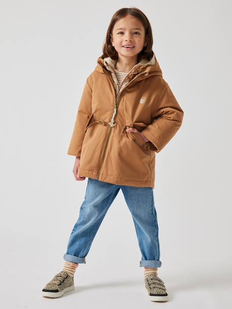 Parka 3 em 1, com capuz e blusão brilhante forrado em sherpa, para menina camelo 