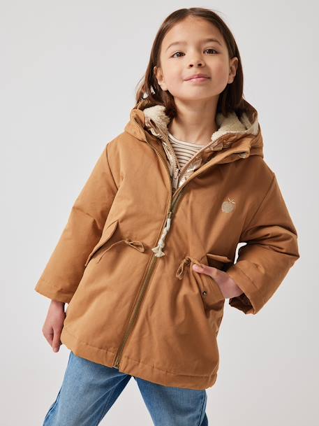 Parka 3 em 1, com capuz e blusão brilhante forrado em sherpa, para menina camelo 