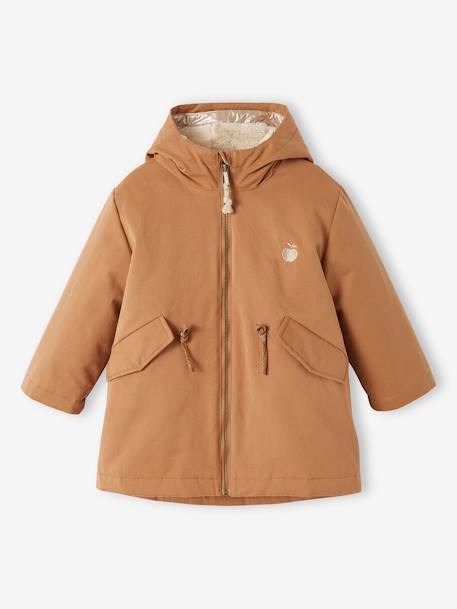 Parka 3 em 1, com capuz e blusão brilhante forrado em sherpa, para menina camelo 