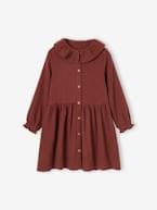 Vestido com botões, em gaze de algodão, para menina bege-rosado+chocolate 