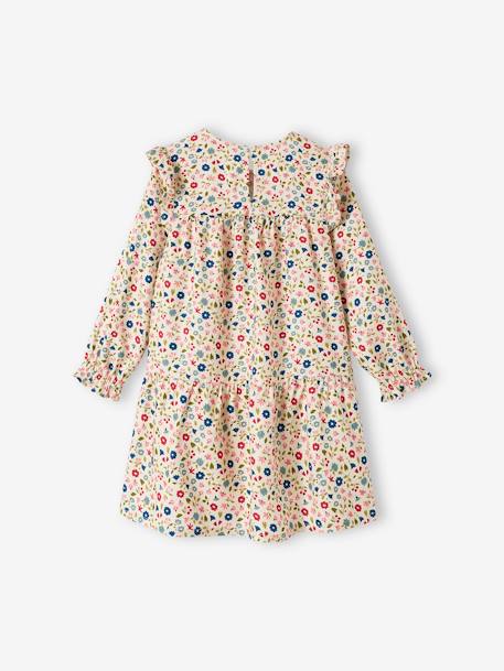 Vestido fluido com folhos e flores, para menina azul-noite+cru+verde-água 