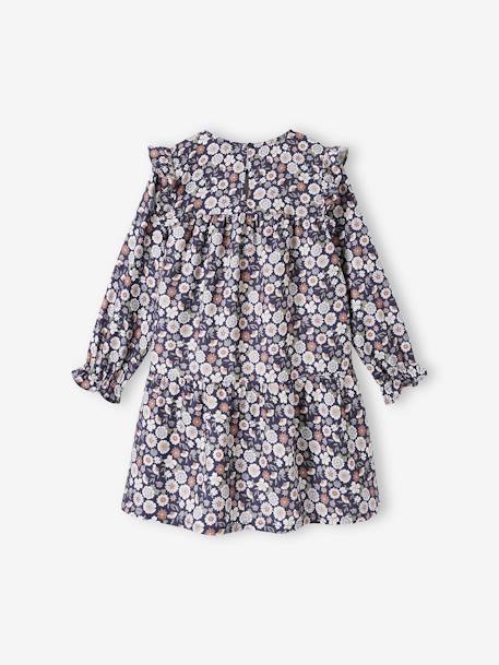 Vestido fluido com folhos e flores, para menina azul-noite+cru+verde-água 