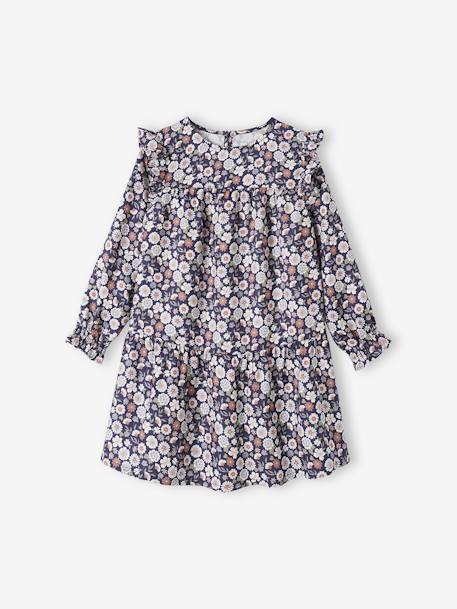 Vestido fluido com folhos e flores, para menina azul-noite+cru+verde-água 