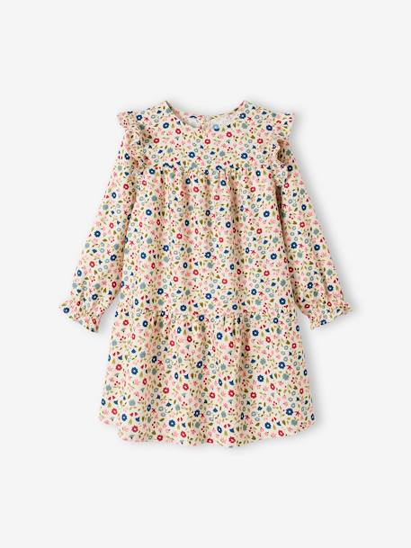 Vestido fluido com folhos e flores, para menina azul-noite+cru+verde-água 