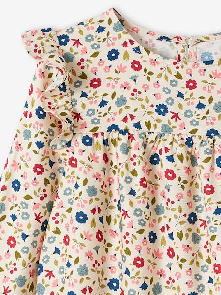 Vestido fluido com folhos e flores, para menina azul-noite+cru+verde-água 