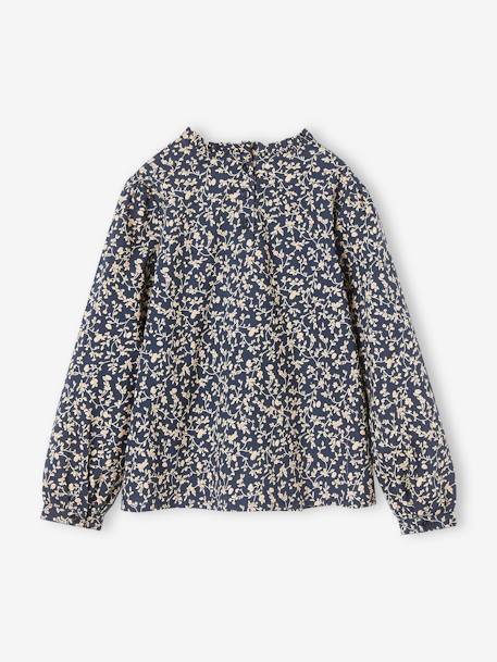 Blusa com gola subida, flores estampadas, para menina cru+marinho 