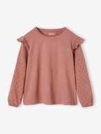 T-shirt com folhos e mangas compridas, para menina, BASICS cru+marinho+pau-rosa 