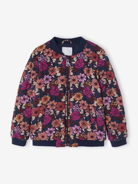 Blusão acolchoado estilo bomber, estampado às flores, para menina azul-noite 