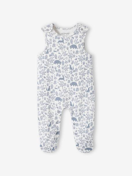 Conjunto de 3 peças: macacão + body + boneco doudou, em algodão bio, para recém-nascido azul-ganga+rosado 