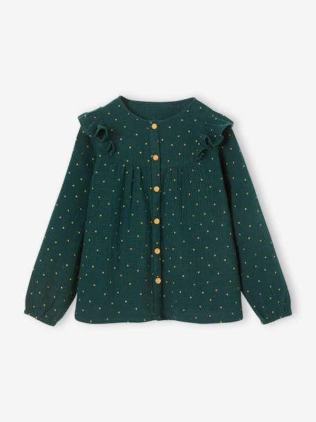 Blusa com folhos, em gaze de algodão, para menina terracota+verde 