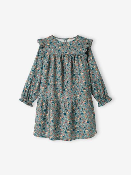 Vestido fluido com folhos e flores, para menina azul-acinzentado+azul-noite+cru+verde-água 