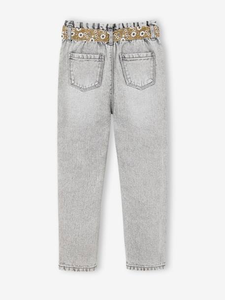Jeans estilo paperbag e cinto florido, para menina AZUL ESCURO DESBOTADO+AZUL ESCURO LISO+ganga cinzenta 