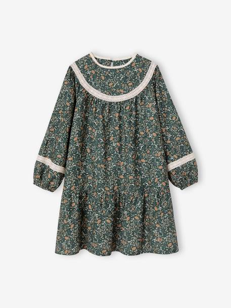 Vestido às flores, para menina azul-noite+bege+verde 