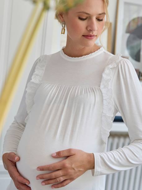 Blusa com folhos em bordado inglês, para grávida cru 
