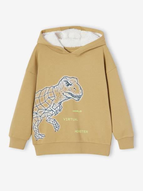 Sweat com dinossauro e capuz, forro em sherpa azeitona 