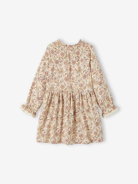 Vestido às flores, em gaze de algodão, para menina bege estampado 