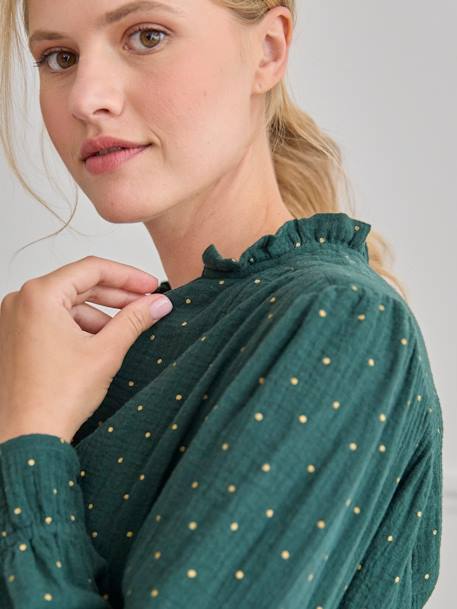 Blusa em gaze de algodão, especial gravidez e amamentação cru+verde-abeto 