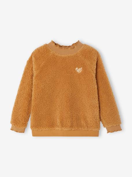 Sweat em sherpa, acabamentos fantasia, para menina caramelo 