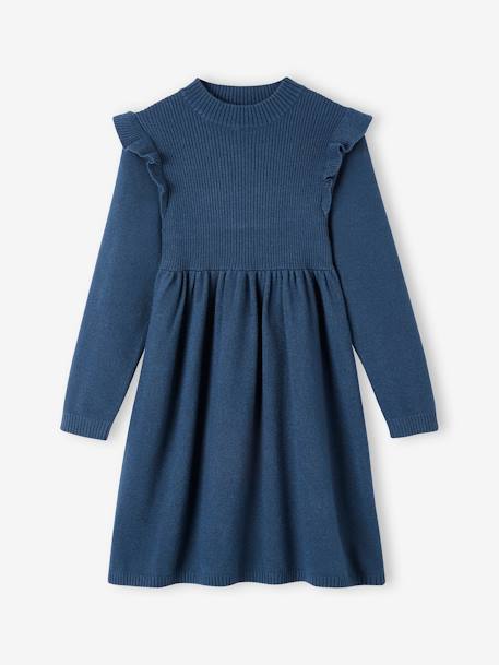 Vestido com folhos, em malha, para menina azul-noite+rosado 