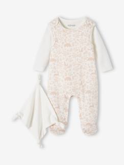 Algodão Biológico-Bebé 0-36 meses-Conjunto de 3 peças: macacão + body + boneco doudou, em algodão bio, para recém-nascido