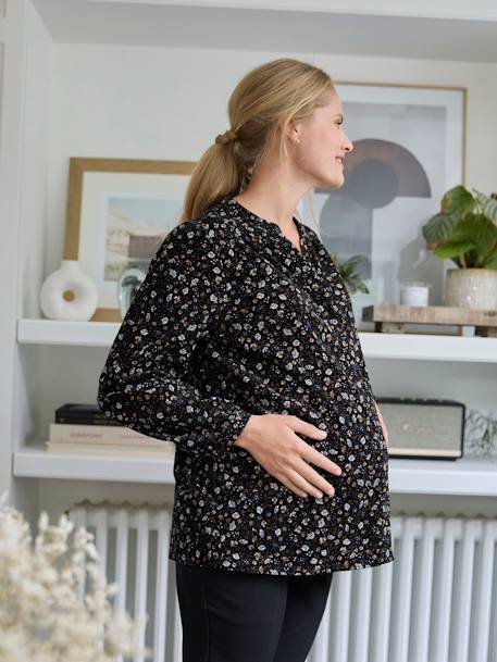 Blusa estampada, em bombazina, especial gravidez e amamentação preto 