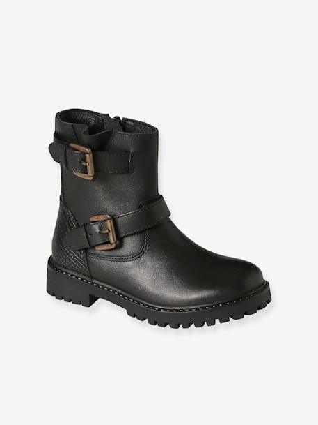 Botas em pele, com presilhas e fecho, para menina preto 