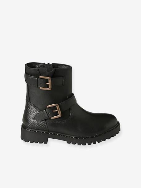 Botas em pele, com presilhas e fecho, para menina preto 