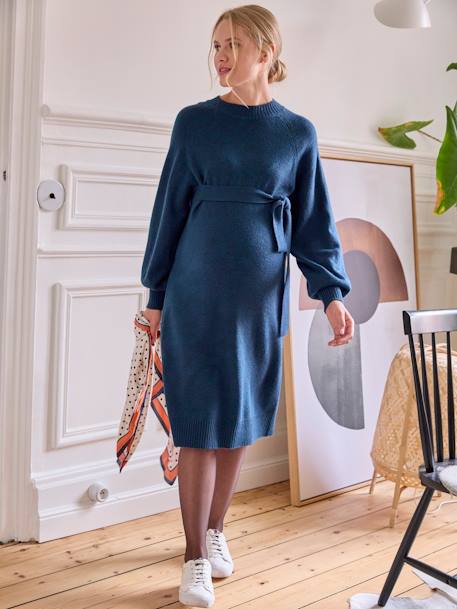 Vestido estilo camisola, comprimento médio, com cinto, para grávida azul-oceano 