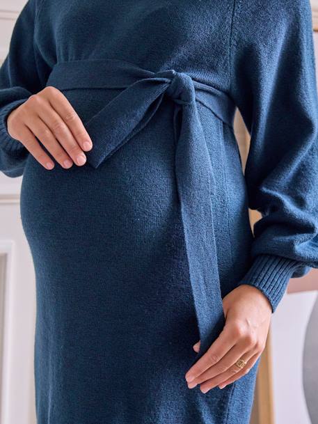 Vestido estilo camisola, comprimento médio, com cinto, para grávida azul-oceano 