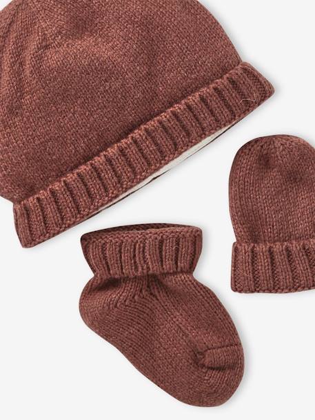 Conjunto em tricot, gorro + luvas + sapatinhos, para bebé avelã+bege mesclado 